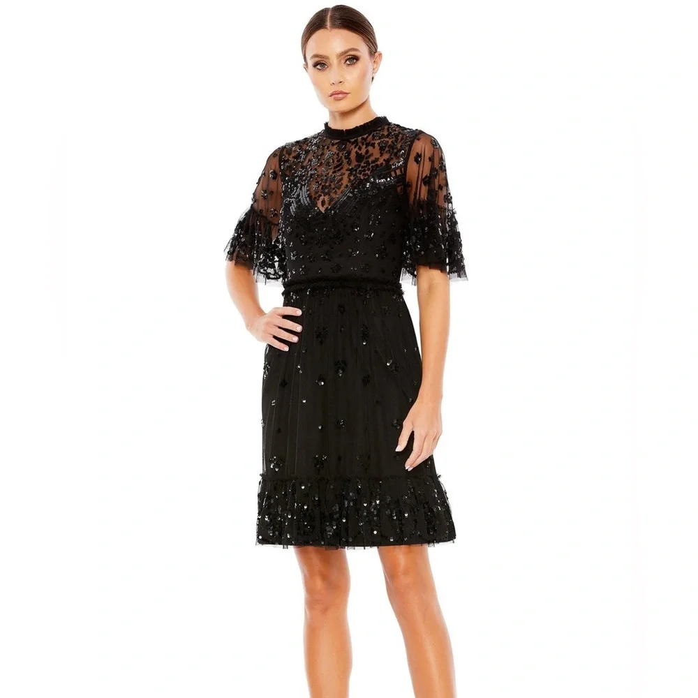 Mac Duggal Illusion Mock Neck Short Sleeve Sequined Dress - Picture 1 of 9
